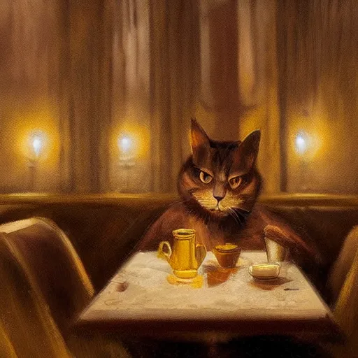 Prompt: brown cat with yellow eyes is sitting at table in a cafe at paris in early 2 0 th century. atmospheric feeling, warm colours, brown colours, yellow colours, epic scene, cinematic, very detailed, concept art, trending on artstation