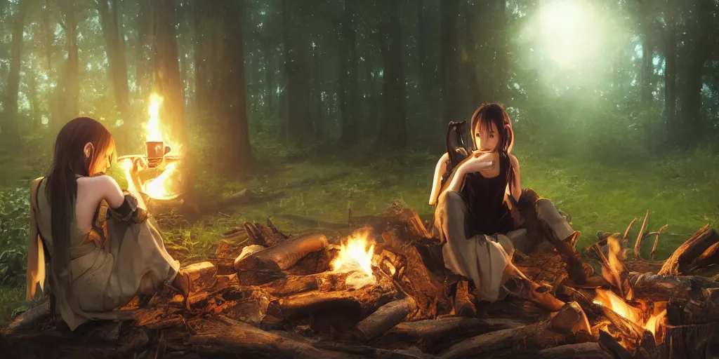 Image similar to A girl from Final Fantasy live action, with short black hair and green eyes in a tan trenchcoat sitting on a log and drinking tea by the campfire by her motorcycle at night under the stars, evocative, mystical night, very very very very detailed, award winning, masterpiece digital painting by Greg Rutkowski, Alex Grey, artstation, 4k wallpaper