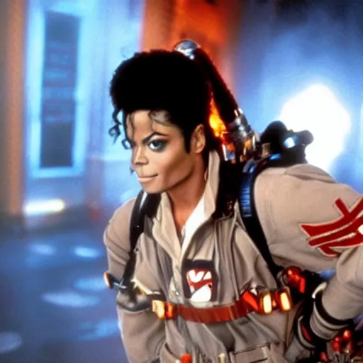 Image similar to stunning awe inspiring michael jackson with a highly detailed face as a ghostbuster in the movie ghostbusters, movie still 8 k hdr atmospheric lighting