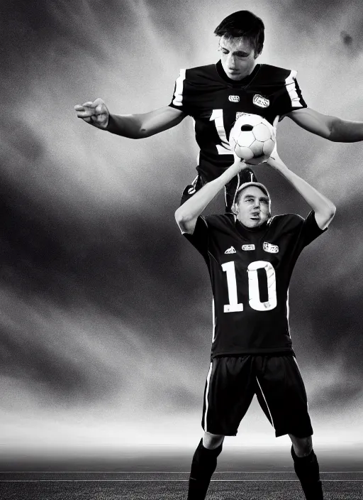 Prompt: football black and white portrait white sky in background