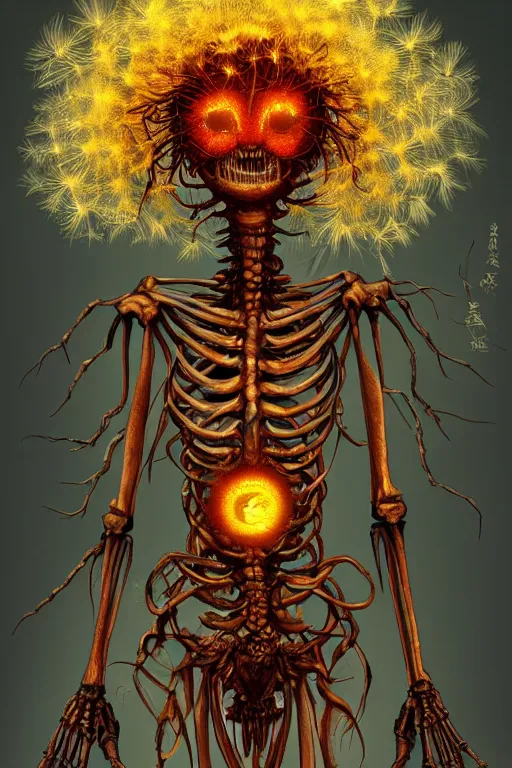 Image similar to a humanoid figure dandelion plant monster, amber eyes, highly detailed, digital art, sharp focus, ambient lighting, glowing, skeletal, trending on art station, anime art style