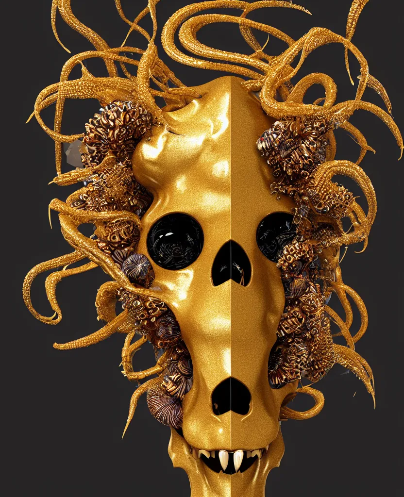 Image similar to fully black background. background hex 000000. goddess princess face close-up portrait ram skull. sculpture made of gold and decorated with brilliants. jellyfish phoenix head, nautilus, orchid, skull, betta fish, bioluminiscent creatures, intricate artwork by Tooth Wu and wlop and beeple. octane render, trending on artstation, greg rutkowski very coherent symmetrical artwork. cinematic, hyper realism, high detail, octane render, 8k