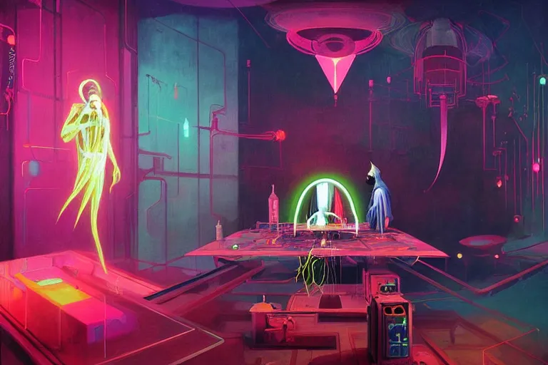 Image similar to a beautiful masterpiece painting of a technomancer wizard in robes with pointed hood creating a synthesized AI djinn in his laboratory near a computer by Remedios Varo and Anato Finnstark and Greg Rutkowski, dayglo pink, dayglo blue, dazzle camouflage