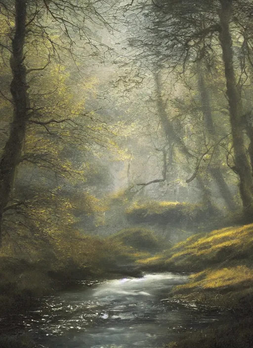 Prompt: there is a place in wales, tucked out of view magic happens, only seen by a few. for just one day, for only just one hour. the last summer's day break at gelli aur. there you must follow a winding trout stream. search all the oaks with a tiny light beam, inspired by jessica rossier and charlie bowater