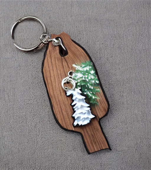 Image similar to realistic keychain of 'a snowy pine tree'