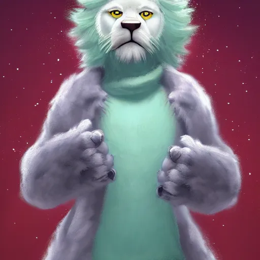 Prompt: aesthetic portrait commission of an albino male furry anthro lion wearing a cute mint colored, cozy, soft pastel winter outfit. winter atmosphere character design by mandy jurgens, irina french, heraldo ortega, rachel walpole, jeszika le vye, and dan volbert.