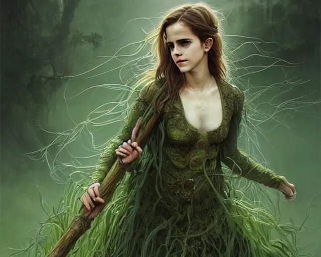 Prompt: mindblowing portrait of emma watson as a swamp witch, green colored skin!!, holding a caduceus staff, messy hair, deep focus, d & d, fantasy, intricate, elegant, highly detailed, digital painting, artstation, concept art, matte, sharp, illustration, hearthstone, art by artgerm and greg rutkowski and alphonse mucha