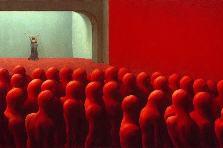 Image similar to only with red, crowd screaming, an exposed painting in a roman theater, in the style of beksinski, parts by edward hopper, parts by rodcenko, parts by yue minjun, intricate and epic composition, red by caravaggio, insanely quality, highly detailed, masterpiece, red light, artstation, 4 k