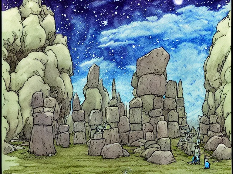 Image similar to a simple watercolor studio ghibli movie still fantasy concept art of a giant wizard playing with stones like they are toys in a tiny stonehenge. it is a misty starry night. by rebecca guay, michael kaluta, charles vess