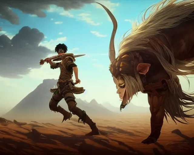 Prompt: a gaming screenshot still portrait of realistic eren yeager roaming around the desert and broken mountains, deep focus, d & d, fantasy, intricate, elegant, highly detailed, digital painting, artstation, concept art, matte, sharp focus, illustration, dark fantasy style art, hearthstone, art by artgerm and greg rutkowski and alphonse mucha