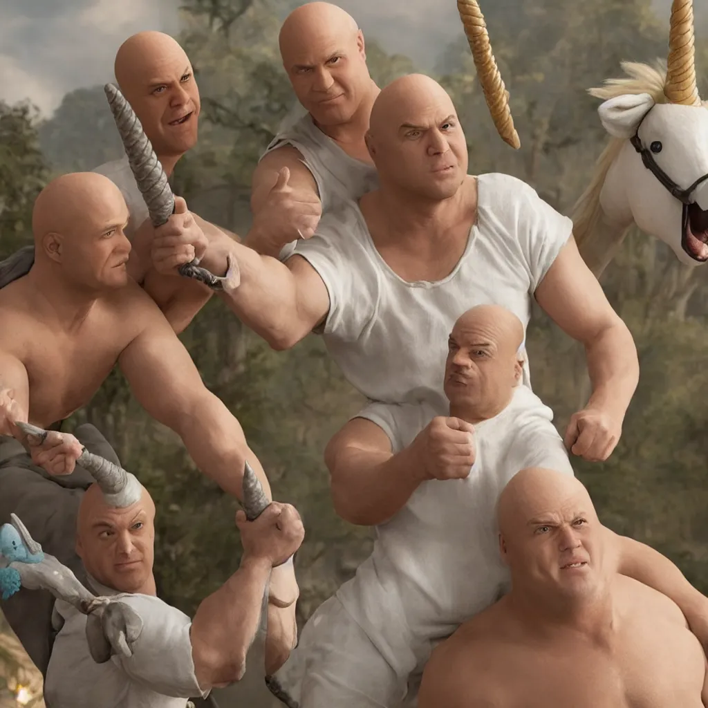 Image similar to Mr. clean riding a chubby balding blond guy and holding a unicorn toy, highly detailed, epic fantasy, film still, best shot, very long shot, 8K Imax