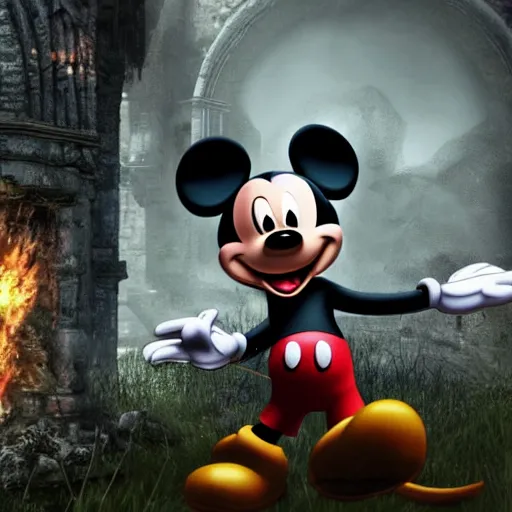Image similar to Mickey Mouse in Darksouls, screenshot, game magazine