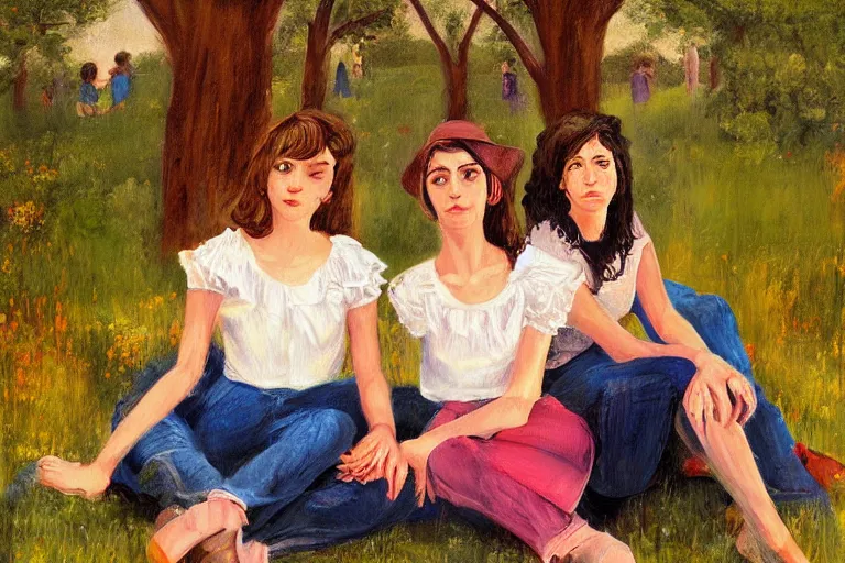 Image similar to beautiful painting of friends, beautiful faces, sitting on the edge, cute, soft light, digital painting by diane arbus