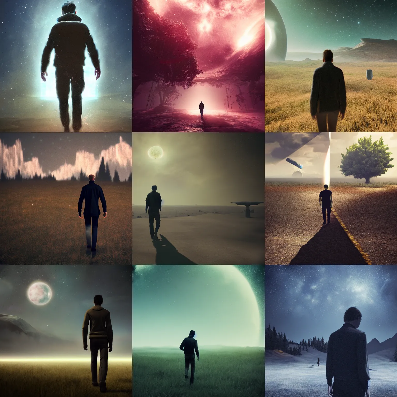 Prompt: a man walking on installation 05, cosmos, cinematic, digital art, front lit, epic