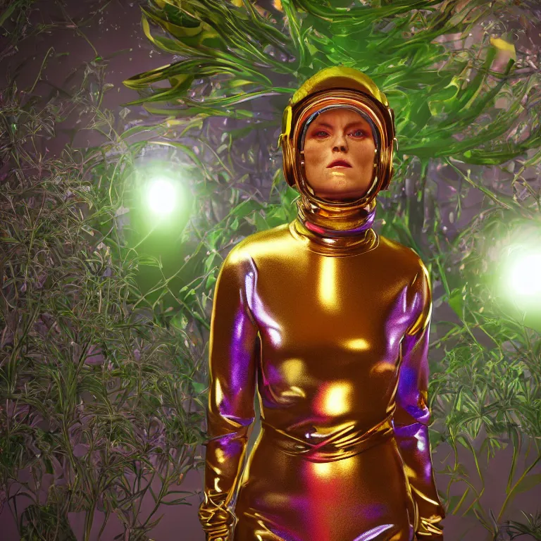 Image similar to octane render portrait by wayne barlow and carlo crivelli and glenn fabry, subject is a woman covered in tie - dye aluminum foil space suit with a colorful metallic space helmet, surrounded by alien plants, cinema 4 d, ray traced lighting, very short depth of field, bokeh