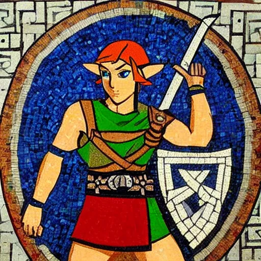 Prompt: ancient greek mosaic of link from zelda with raised sword