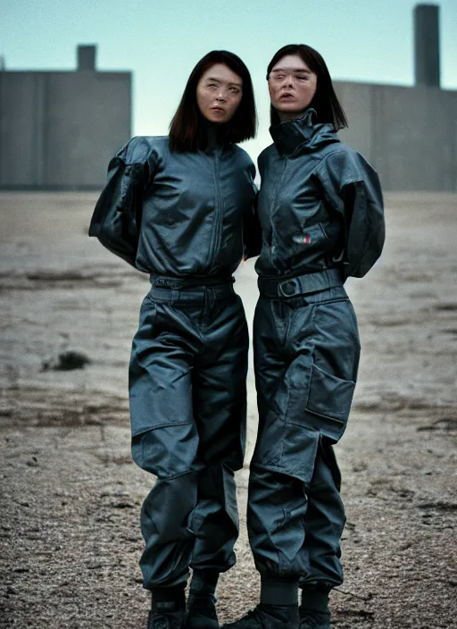 Prompt: cinestill 5 0 d photographic portrait of two loving clones, techwear women on a desolate plain, a brutalist metal building in the background, depth of field, 4 k, 8 k, hd, full color