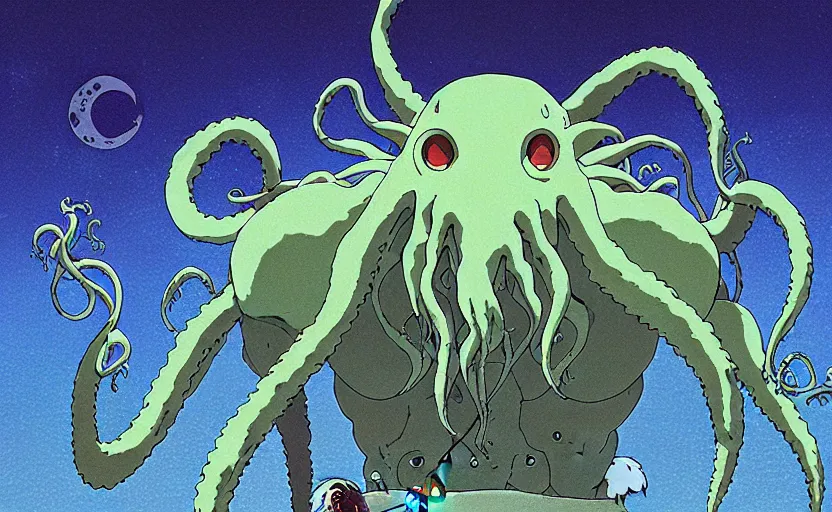 Image similar to a still from a studio ghibli movie of a cartoon cthulhu from princess mononoke ( 1 9 9 7 ), in front of a pale full moon, full body, wide shot, very dull muted colors, studio ghibli, highly detailed, deviantart, art by artgem