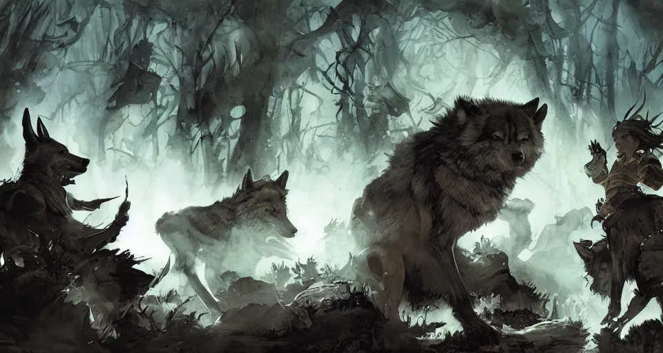 Image similar to WOLVES AND THEIR TREASURES. By Travis Charest, James Gurney, and Ashley Wood. dramatic lighting. Magic the gathering. digital painting.