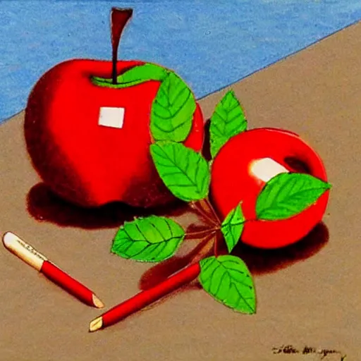 Image similar to shoe (red apple) lace ((blue pencil)) (((green leaf)))