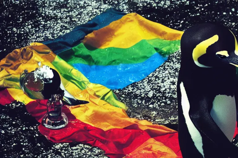 Image similar to a cinematic photo of a penguin, rainbow, lemonade, masterpiece