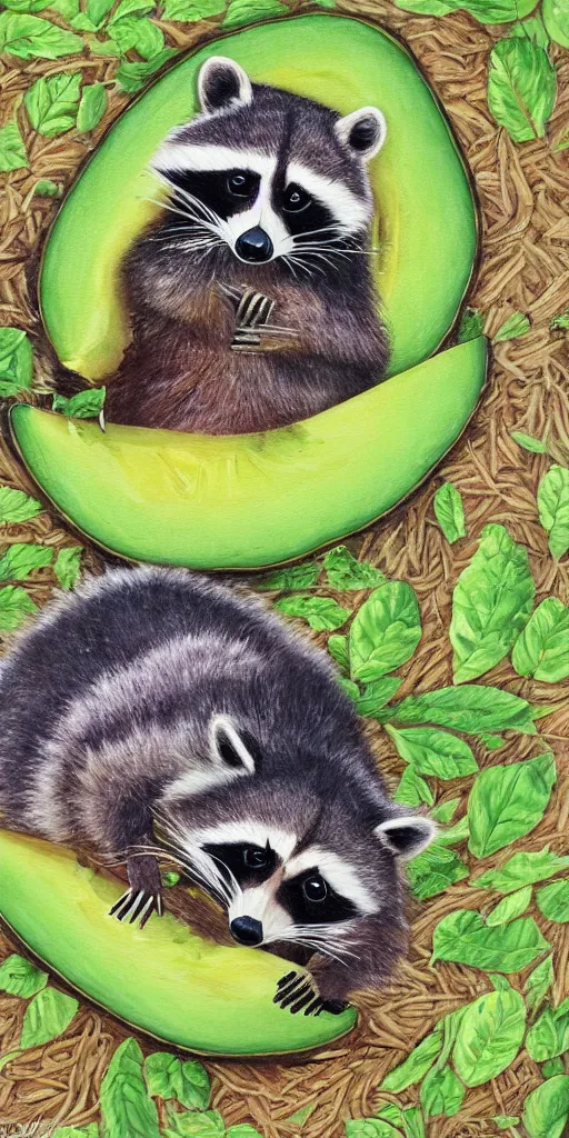 Image similar to painting raccoon in field of avocado,