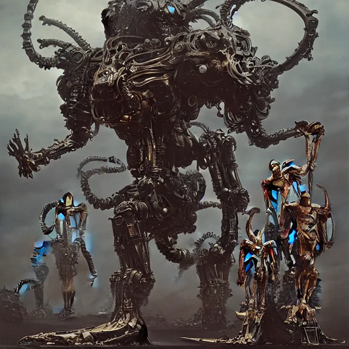 Image similar to still frame from Prometheus by Jakub Rozalski and utagawa kuniyoshi, infinite Hell Scape with gigantic mecha demons and ornate bone cyborgs by Wayne Barlowe by peter Mohrbacher by Giger, dressed by Alexander McQueen and by Neri Oxman, metal couture hate couture editorial