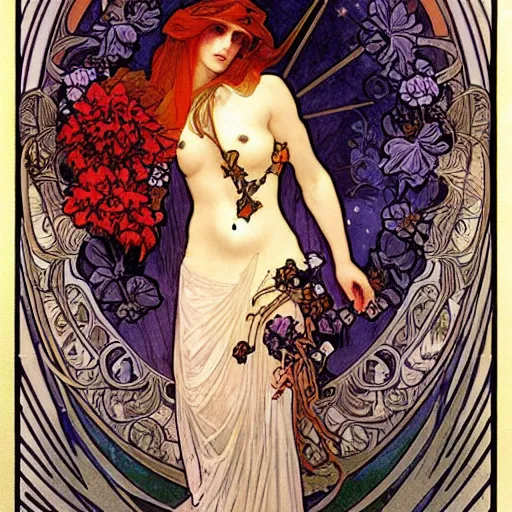 Prompt: persephone as goddess of death and flowers, dark atmosphere, painted by alphonse mucha