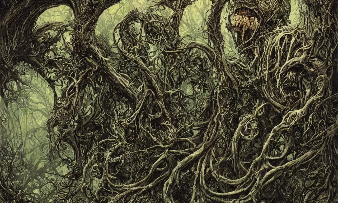 Image similar to hyperdetailed art nouveau portrait of treebeard as a cthulhu eyeball skull dragon monster, by micheal whelan, simon bisley and bill sienkiewicz, grim yet sparkling atmosphere, photorealism, claws, skeleton, antlers, fangs, forest, wild, crazy, horror, lynn varley, lovern kindzierski, steve oliff