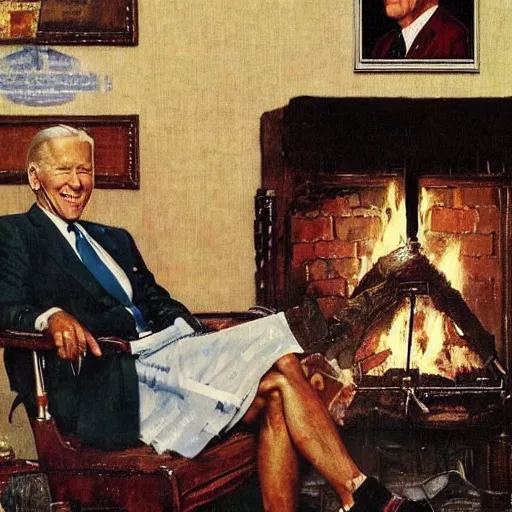 Prompt: eye level realistic portrait painting by Norman Rockwell of Joe Biden sitting in a chair. Cozy fire. Legs apart