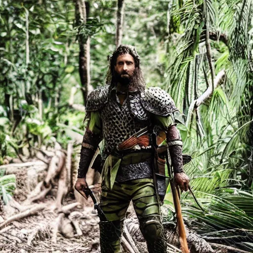 Image similar to call men wearing a jungle style clothes holding a weapon and wearing some armour looking around great photography