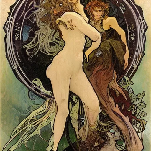 Prompt: a horde of multiple dark fae creatures with animalistic features alphonse mucha and brian froud
