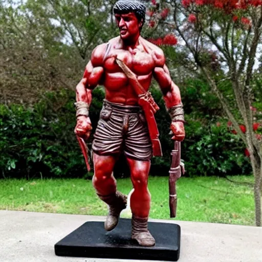 Prompt: museum stallone rambo statue monument made from porcelain brush face hand painted with iron red dragons full - length very very detailed intricate symmetrical well proportioned balanced