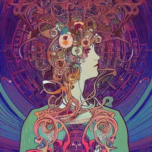 Prompt: psychedelic alphonse mucha victo ngai beautiful cybernetic flower field