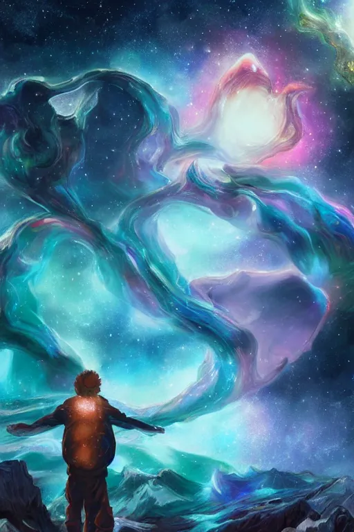 Prompt: galaxy bender experiencing the quantum field, elevated consciousness, beautiful astrological neural network, bob ross matte painting and tim burton comic book art, realistic, trending on artstation, sharp focus, depth of field, cinematic composition, physics splashes of colors