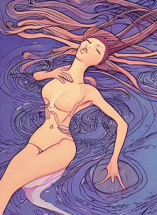 Prompt: long and wide feminine dress underwater, art by moebius