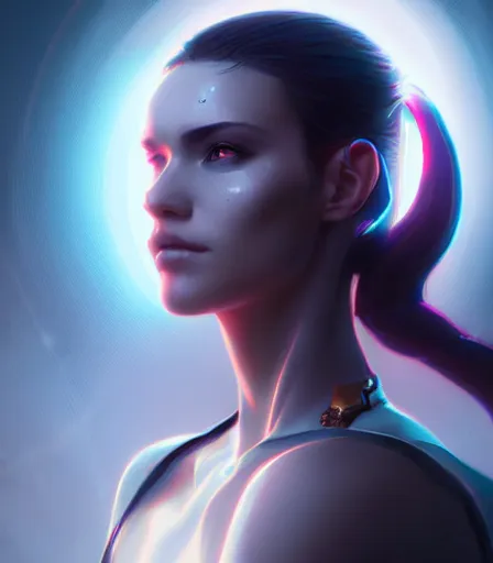 Image similar to beautiful portrait of a cyberpunk goddess who looks like Emily Ratakowski , character design by charlie bowater, ross tran, artgerm, and makoto shinkai, detailed, soft lighting, rendered in octane