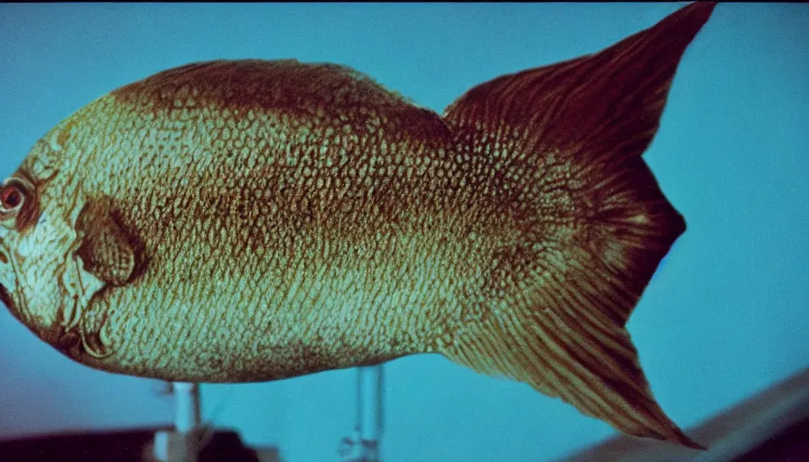 Image similar to 7 0 s movie still of a fish with an old man head in hospital, cinestill 8 0 0 t 3 5 mm technicolor, heavy grain, high quality, high detail