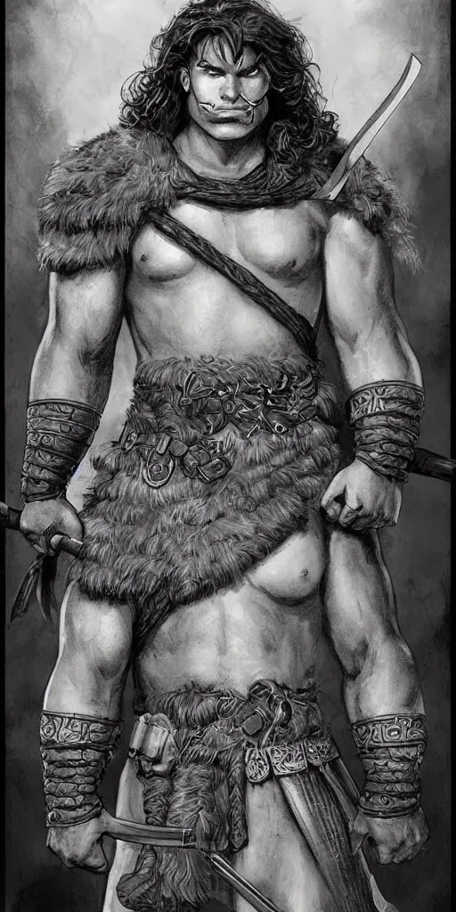 Prompt: a large young barbarian male warrior, d & d, fantasy, portrait, in travis charest style