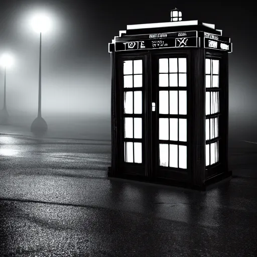 Image similar to a hyperdetailed photograph of the tardis sat on a futuristic street corner, night, dense fog, rain, hd, 8 k resolution