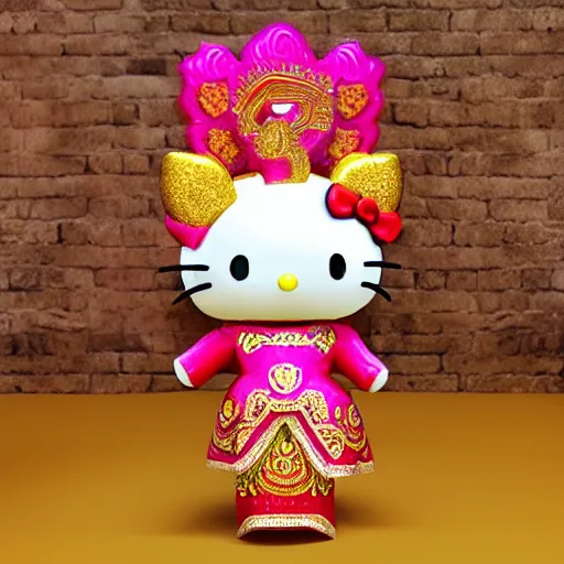 Image similar to Hello Kitty wearing traditional Cambodian ceremonial dress, with a 9 headed Khmer dragon headdress, 3d, very colorful, 8k,