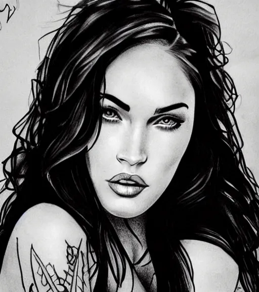 Prompt: tattoo design sketch of megan fox portrait against a background of the most beautiful nature, hyper - realistic, in the style of den yakovlev, amazing detail, black and white