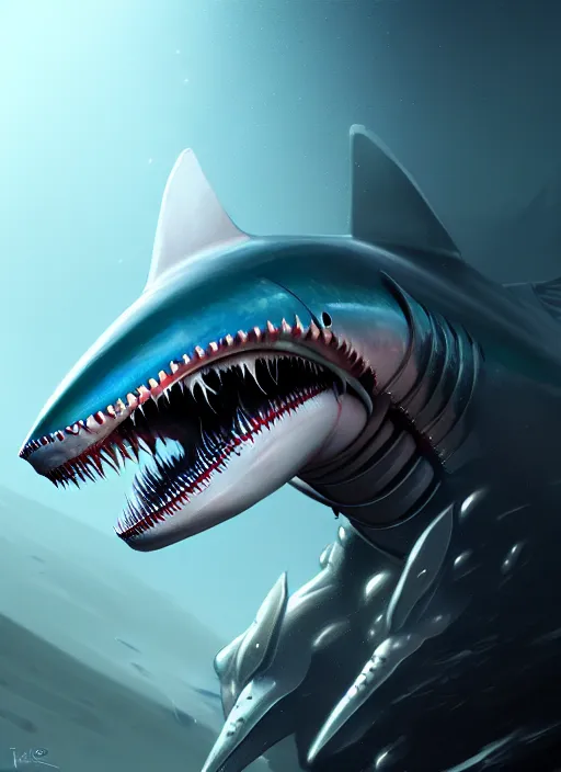 Image similar to an anthromorphic alien cyborg shark, diffuse lighting, fantasy, highly detailed, photorealistic, digital painting, artstation, illustration, concept art, smooth, sharp focus