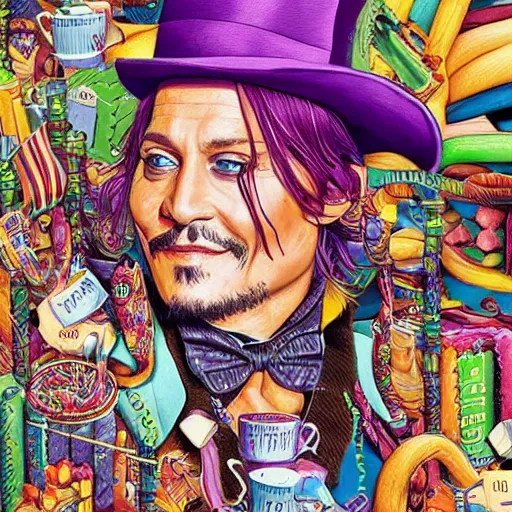 Prompt: Johnny Depp is covered in a blanket and drinking tea in Willy Wonka's Chocolate Factory, Illustration, Colorful, insanely detailed and intricate, super detailed, by Kyle Lambert