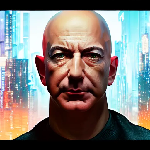 Prompt: front view, mean laughing, imposing, ominous portrait of Jeff Bezos as a cyberpunk 2077 loading screen, symmetry, front view, intricate, studio, art by anthony macbain + greg rutkowski + alphonse mucha, concept art, 4k, sharp focus