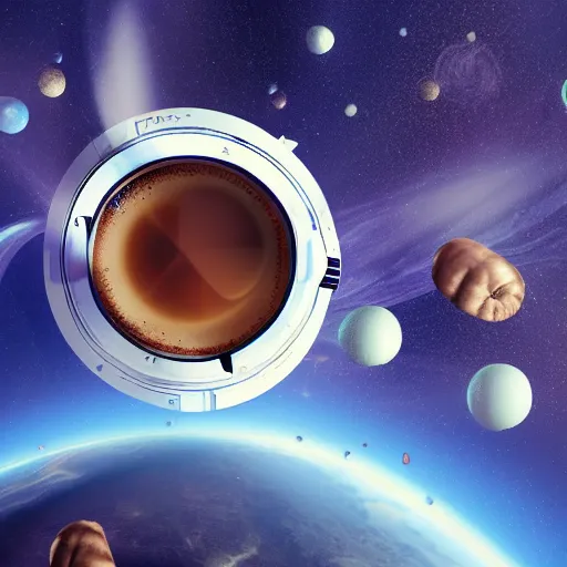 Prompt: an astronaut floating in hyper space, surrounded by floating coffee beans and fluid coffee, realistic digital art, 4k, art station, high quality