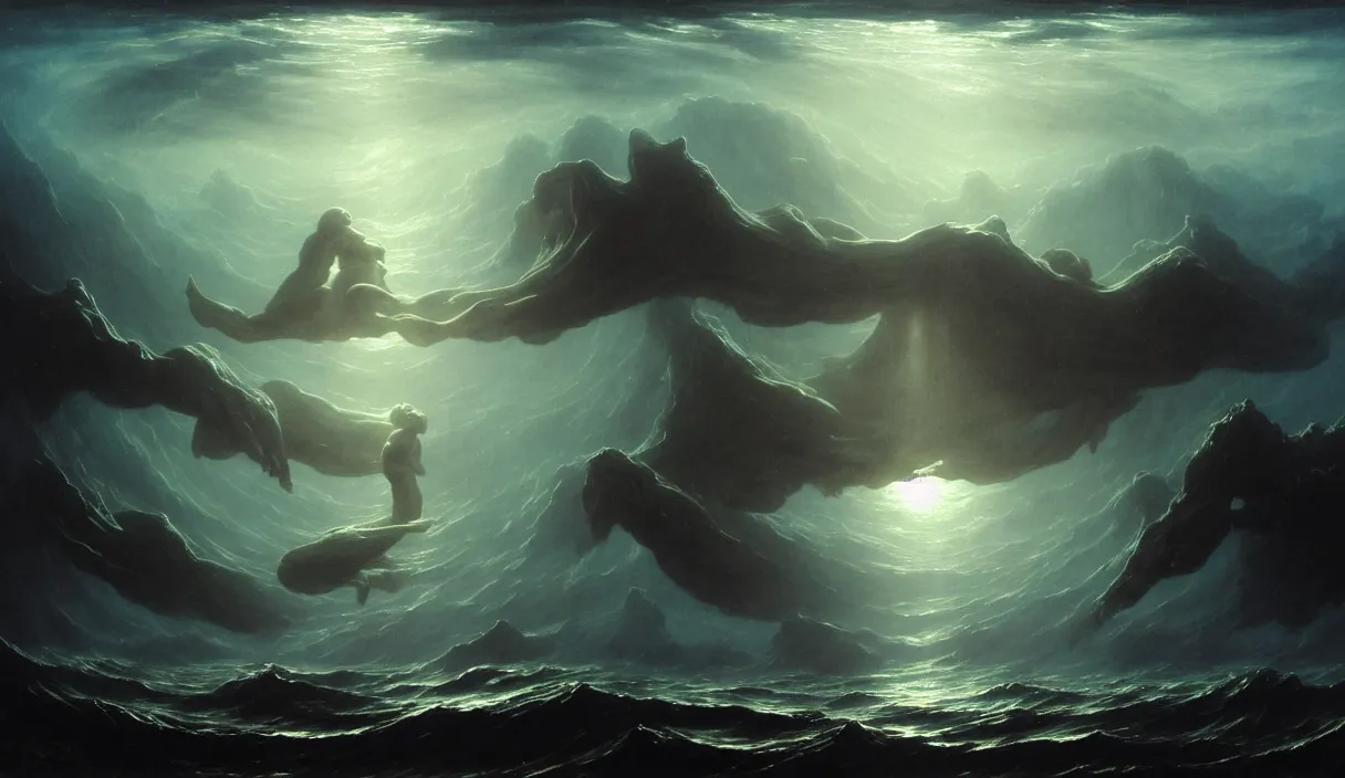 Image similar to low ultrawide shot, dark, underwater statues, submerged pre - greek olympian gods fighting, abyss, stylized, anime style mixed with fujifilm, detailed gouache paintings, crepuscular rays, dark, murky, foggy, atmospheric, nicola samori, albert bierstadt, frederic edwin church, beksinski, wayne barlowe's inferno