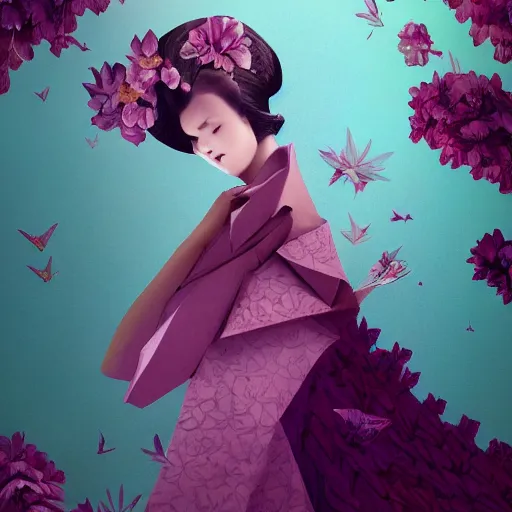 Image similar to 3 / 4 view of a beautiful girl wearing an origami dress, eye - level medium shot, fine floral ornaments in cloth and hair, hummingbirds, elegant, by eiko ishioka, givenchy, edward hopper, by peter mohrbacher, centered, fresh colors, origami, fashion, detailed illustration, vogue, high depth of field, japanese, reallusion character creator