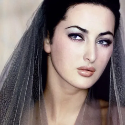 Image similar to young arab Monica Bellucci, blue eyes, long wavy black hair, white veil, closeup, focus, light makeup