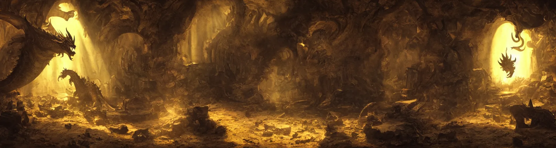 Image similar to A Dragon guards a horde of treasure in it's lair, shafts of sunlight appear from parts of the ruined interior. Chiaroscuro style painting. 4K.